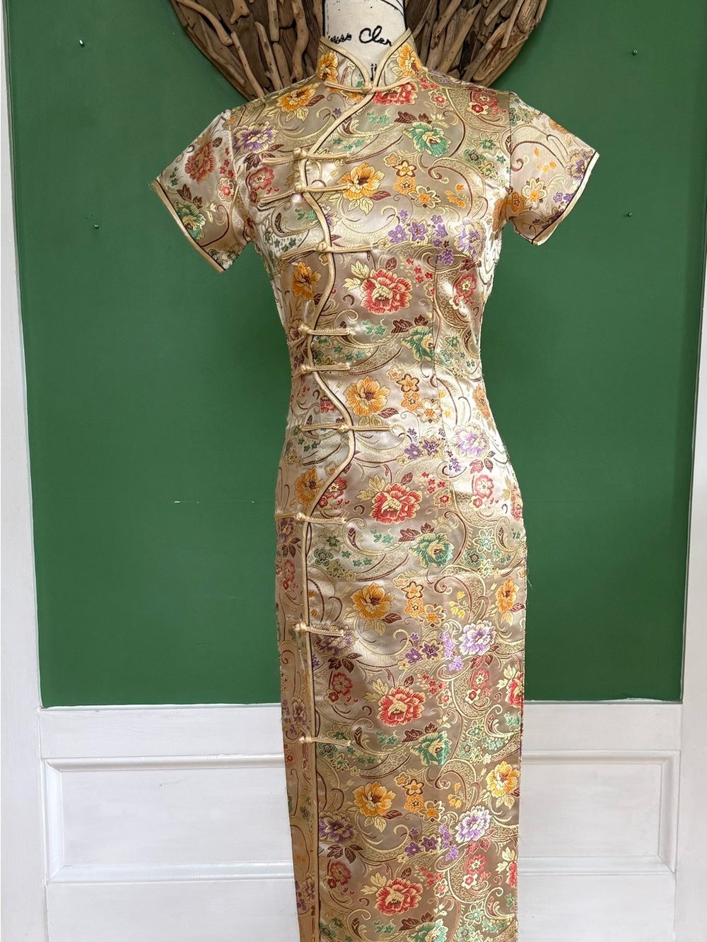 Gold Floral Satin Cheongsam Maxi Dress with Mandarin Collar